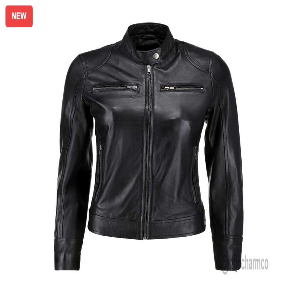 Lambskin Leather Jacket Sleek Cafe Racer Moto Biker Style Women's Outerwear